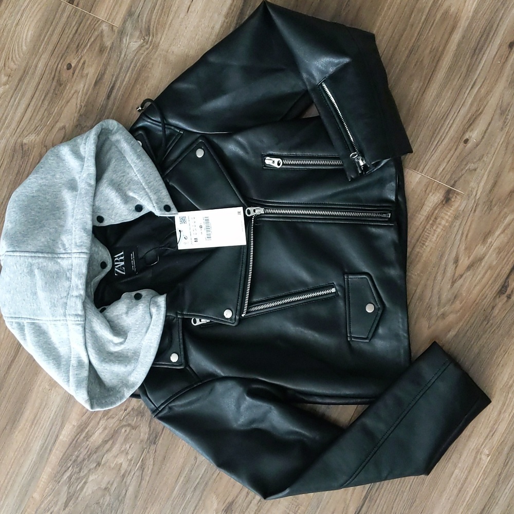Zara Faux Leather Biker Jacket with Removable Hood